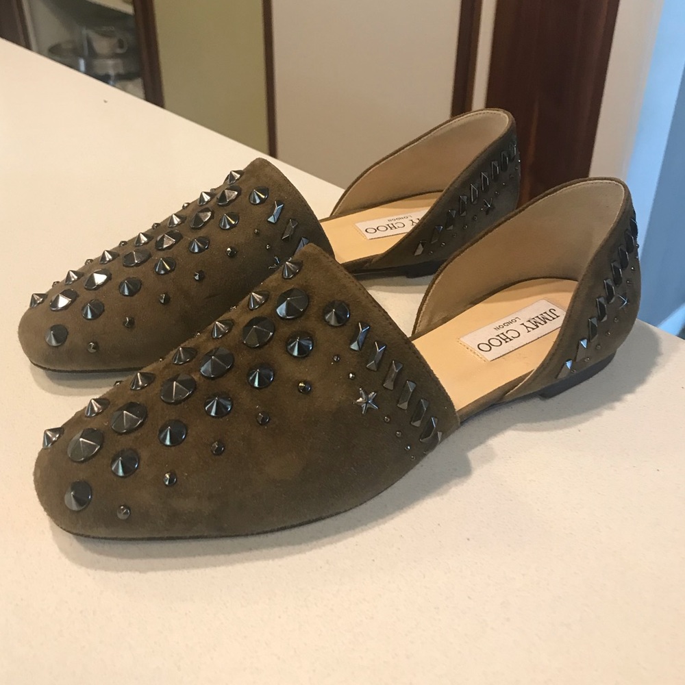 Jimmy Choo - olive suede flat w/studs 37